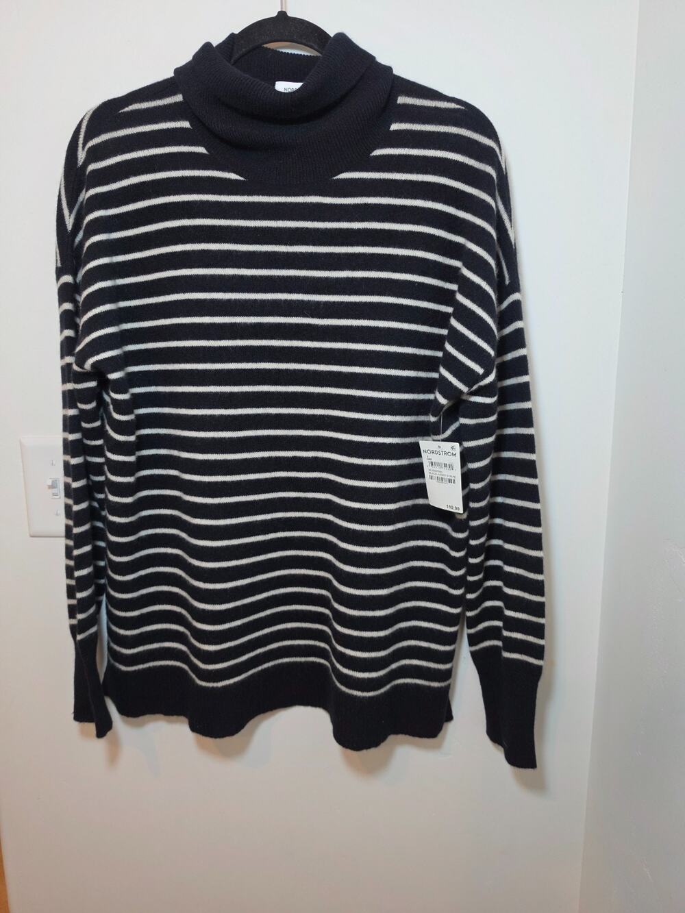 Nordstrom Black Striped Oversize 100% Cashmere Turtleneck Sweater - Sz L, NWT